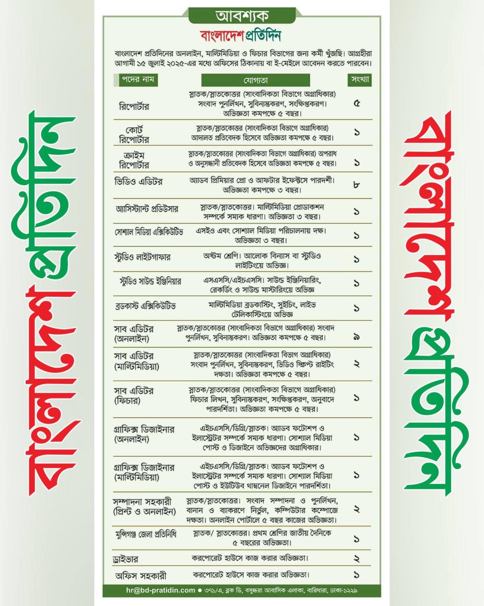 সাংবাদিক নিয়োগ দিচ্ছে বাংলাদেশ প্রতিদিন