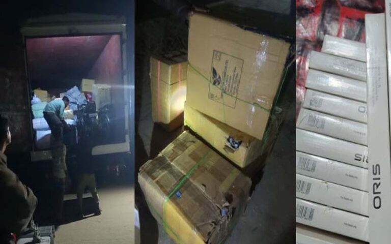 এস এ পরিবহনের গাড়ি থেকে বিপুল পরিমাণ বিদেশি সিগারেট জব্দ